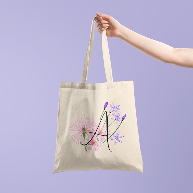 Soft pink wildflowers with your initial 1 side tote bag (Creator Uploaded)