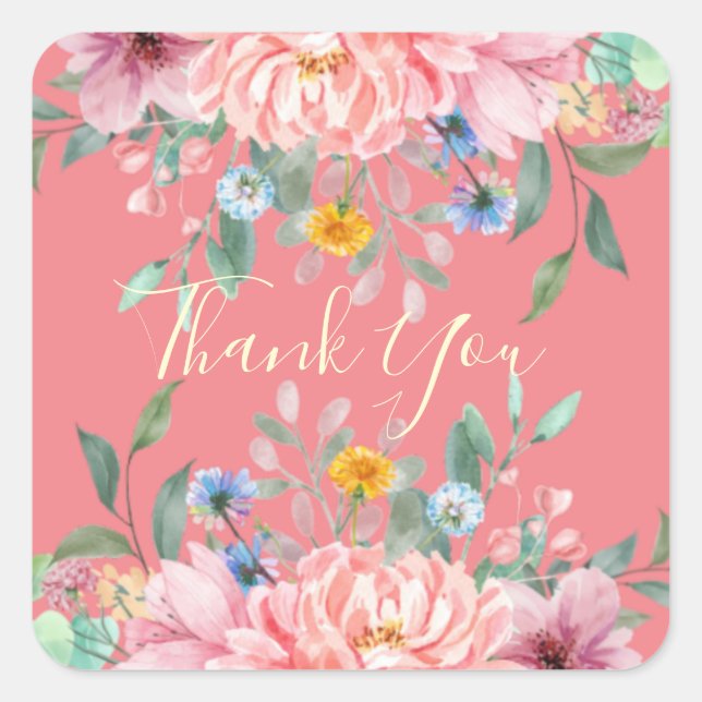 Soft pink with flowers square sticker (Front)