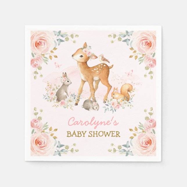 Soft Pink Woodland Forest Animals Floral Shower Napkin (Front)