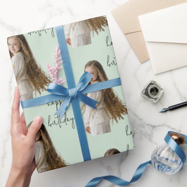 Soft Pistachio & Custom Birthday text and photo - Wrapping Paper (Gifting)