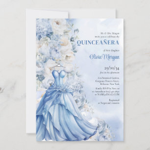 Soft powder blue floral Formal Dress Quinceañera Invitation