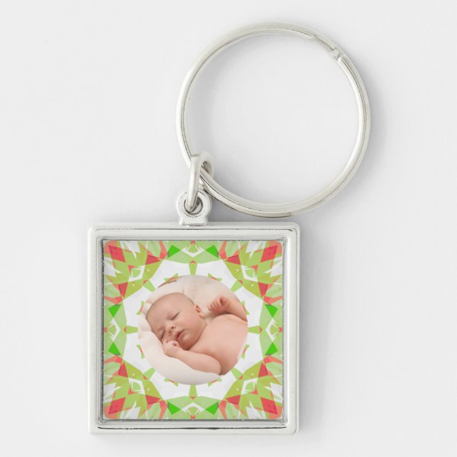 Soft Pretty Green Custom Merry Christmas Photo Key Ring (Front)