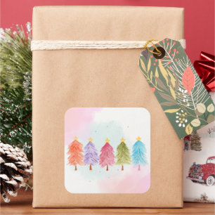 SOFT PRETTY PINK PASTEL WATERCOLOR CHRISTMAS TREES SQUARE STICKER