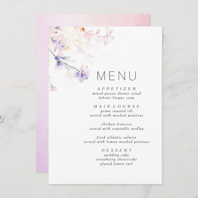 Soft Purple and Blush Elegant Minimalist Menu (Front/Back)