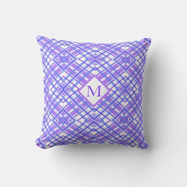 Soft Purple & Blue Pastel Plaid Monogram Cushion (Front)