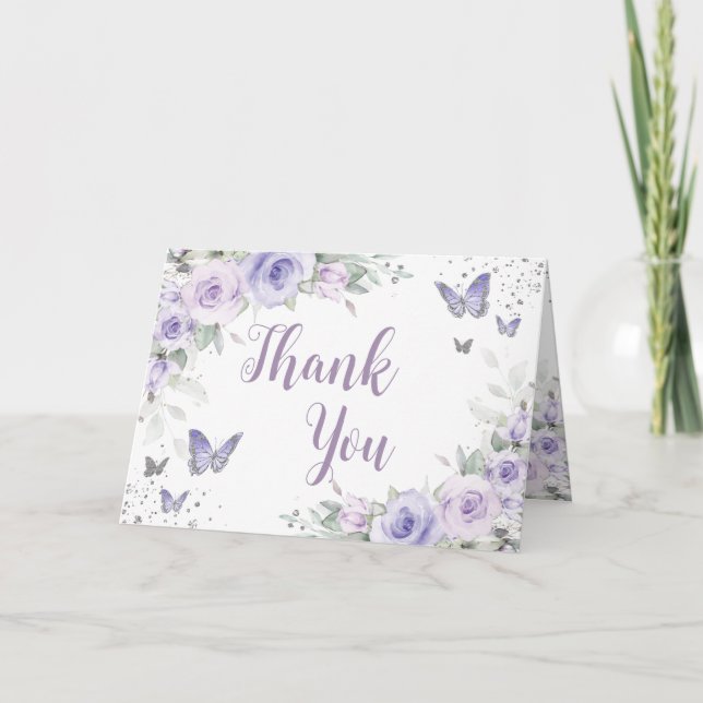 Soft Purple Floral Butterflies Silver Quinceañera Thank You Card (Front)