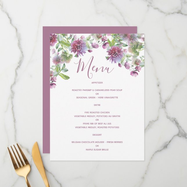Soft Purple Floral Wedding Reception Menu Card (Front/Back In Situ)