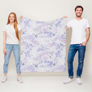 Soft Purple Lavender White Floral Pattern Fleece Blanket
