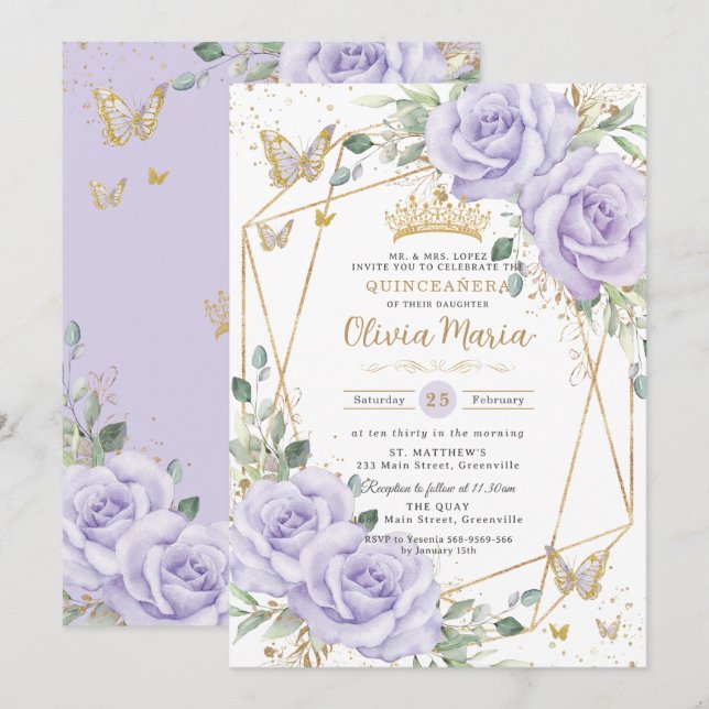 Soft Purple Lilac Floral Butterflies Quinceanera Invitation (Front/Back)