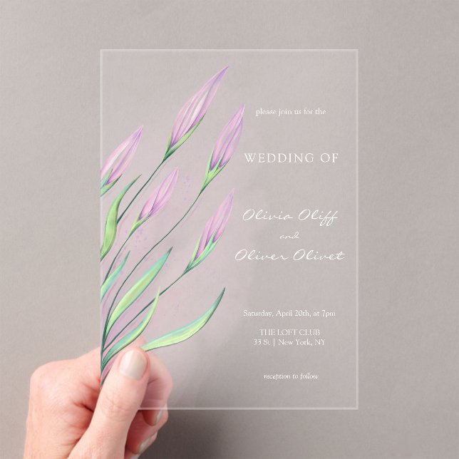 Soft Purple Lilies Wedding Acrylic Invitations (Insitu (Handheld))
