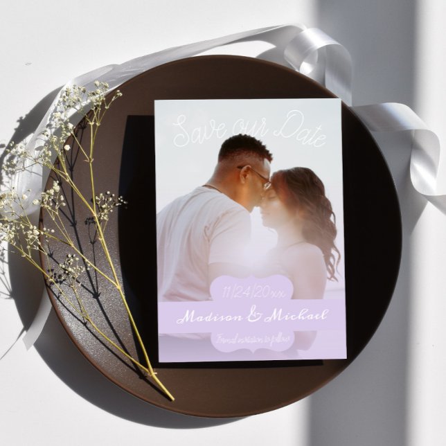 Soft Purple Photo Save The Date Announcement (Soft Purple Banner Photo Save the Date)