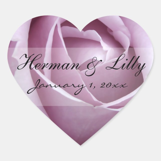 Soft Purple Rose Personalised Wedding Heart Sticker (Front)