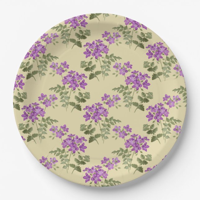 Soft Purple Violet Pattern on Pale Antique Yellow Paper Plate (Front)