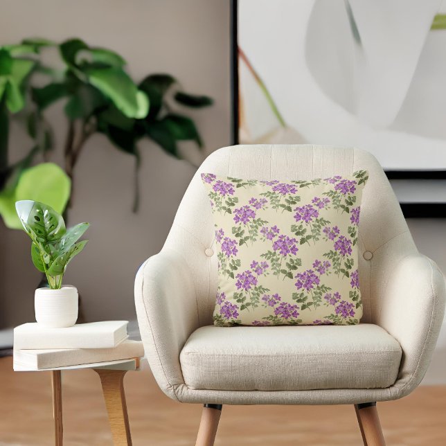Soft Purple Violets on Pale Antique Yellow Pattern Cushion (Creator Uploaded)