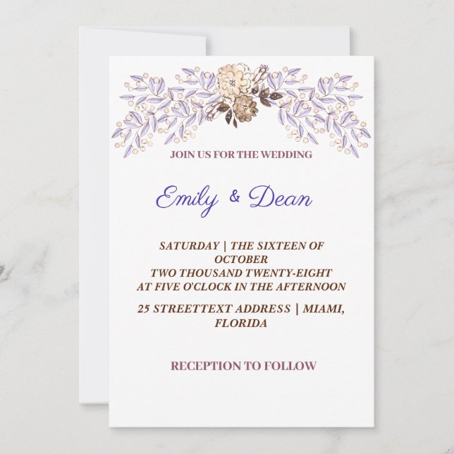 Soft Purple Watercolor Floral Wedding Invitation (Front)