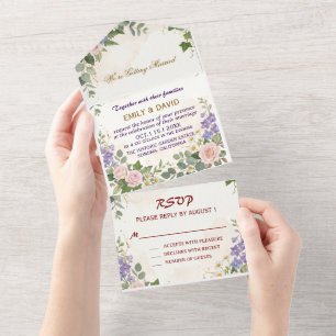 Soft purple & white flowers wedding all in one invitation