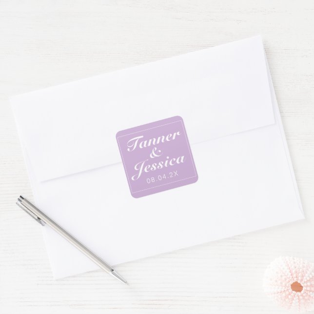 Soft Purple & White Modern Minimalist Wedding  Square Sticker (Envelope)