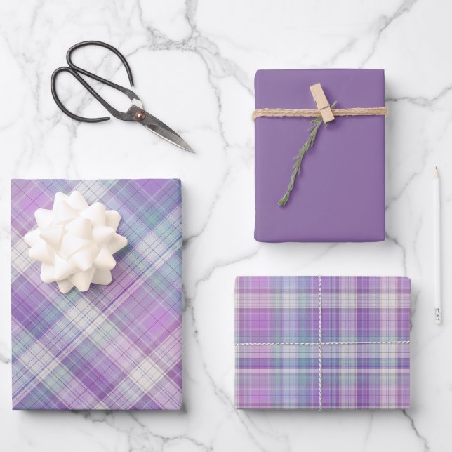 Soft Purples, Pale Green & White Plaid Wrapping Paper Sheet (Front)