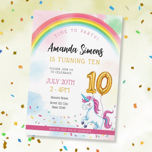 Soft Rainbow Arch Confetti Girl 10th Birthday Invitation (Creator Uploaded)