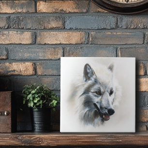 Soft Realistic Majestic White Wolf Portrait Ceramic Tile