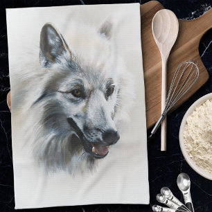Soft Realistic Majestic White Wolf Portrait Tea Towel
