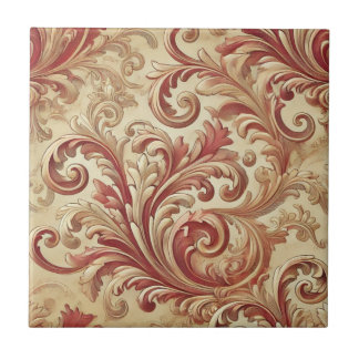 Soft Red and Gold Damask Pattern Ceramic Tile