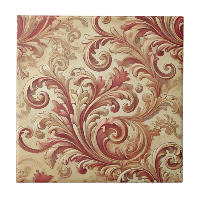 Soft Red and Gold Damask Pattern Ceramic Tile (Front)