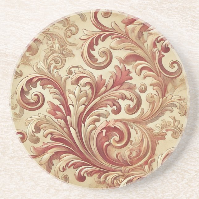 Soft Red and Gold Damask Pattern Coaster (Front)