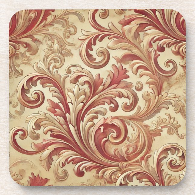 Soft Red and Gold Damask Pattern Coaster (Front)