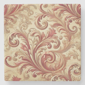 Soft Red and Gold Damask Pattern Stone Coaster