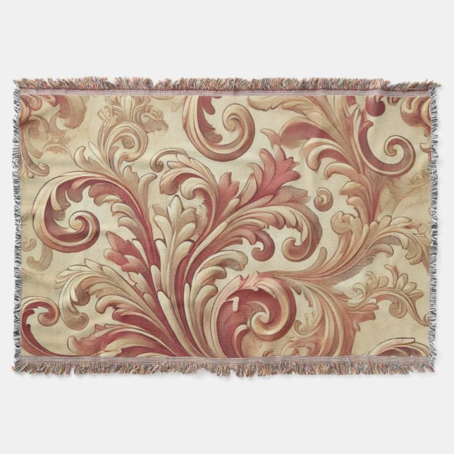 Soft Red and Gold Damask Pattern Throw Blanket (Front)