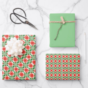 Soft Red, Green & White Tile Pattern Wrapping Paper Sheet