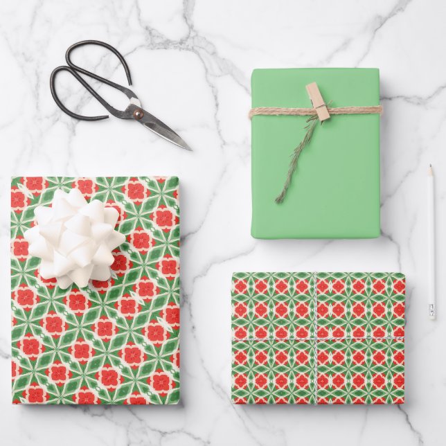 Soft Red, Green & White Tile Pattern Wrapping Paper Sheet (Front)