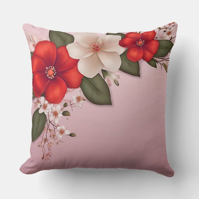 🌸 Soft Red White Floral Pattern Pink Aesthetic Cushion (Front)