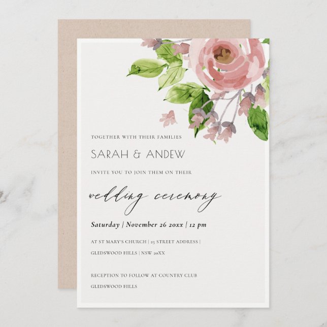 SOFT ROMANTIC BLUSH PINK WATERCOLOR FLORAL WEDDING INVITATION (Front/Back)