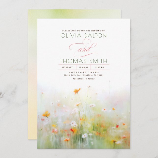 Soft Romantic Meadow Wildflowers Summer Wedding Invitation (Front/Back)