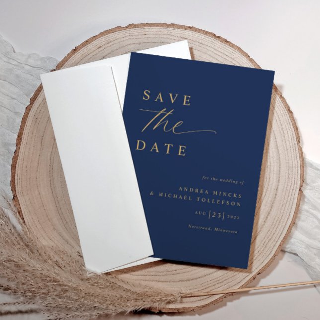 Soft Romantic Navy Blue and Gold Wedding Save The Date (Modern save the date cards navy blue with gold)