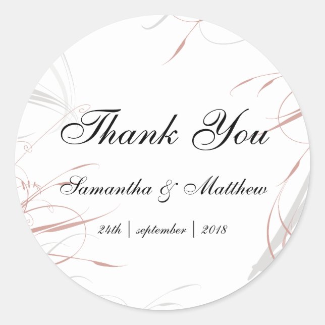 Soft Rose and Grey Flourishes Wedding Classic Round Sticker (Front)
