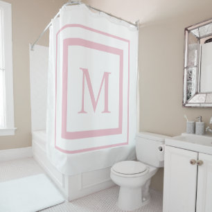 Soft Rose and white  square border monogram Shower Curtain