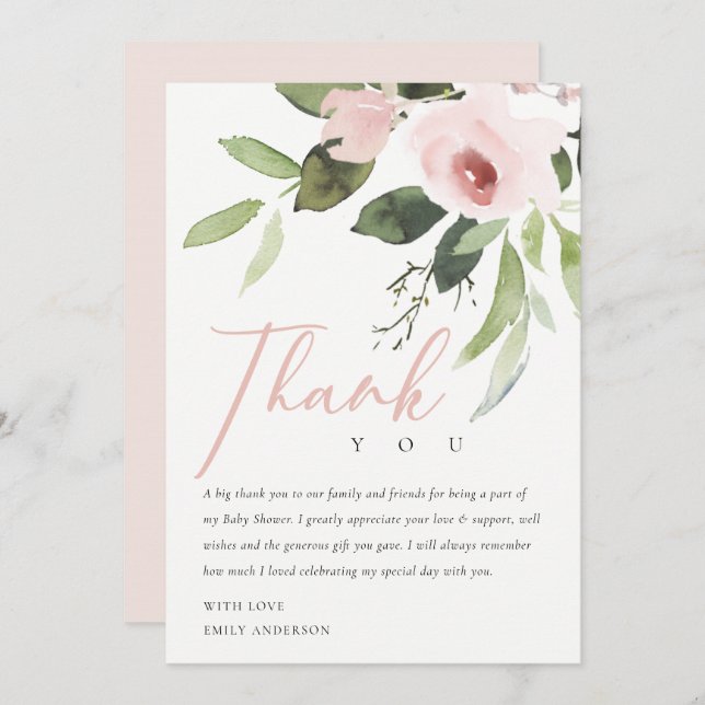 SOFT ROSE BLUSH PINK FLORAL BABY SHOWER THANK YOU INVITATION (Front/Back)