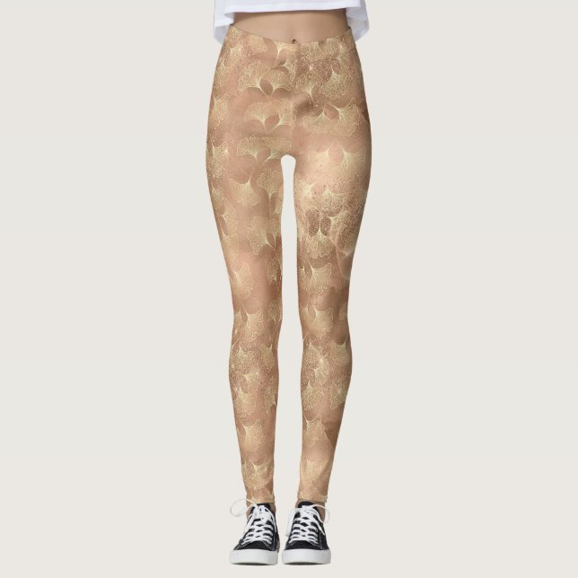 Soft Rose Ginkgo Botanical Gold Leaf Pattern Leggings (Front)