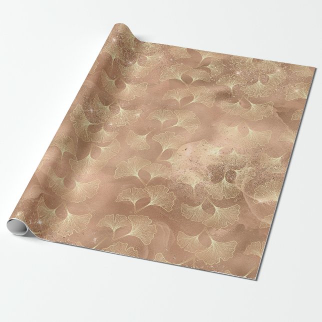 Soft Rose Ginkgo Botanical Gold Leaf Pattern Wrapping Paper (Unrolled)