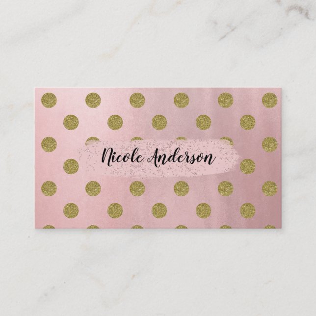 Soft Rose Pink Gold Glitter Glam Polka Dots Cute Business Card (Front)