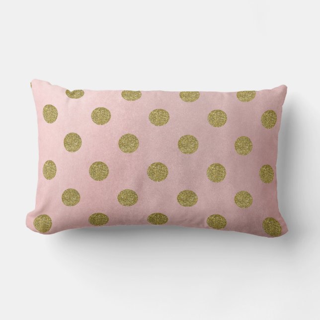 Soft Rose Pink Gold Glitter Glam Polka Dots Cute Lumbar Cushion (Front)