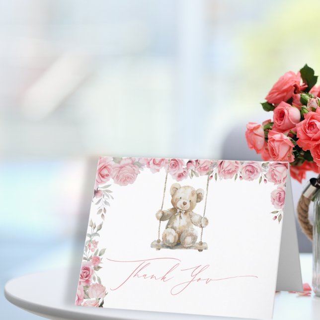 Soft Rose Teddy Bear Baby Girl Thank You Card (Creator Uploaded)