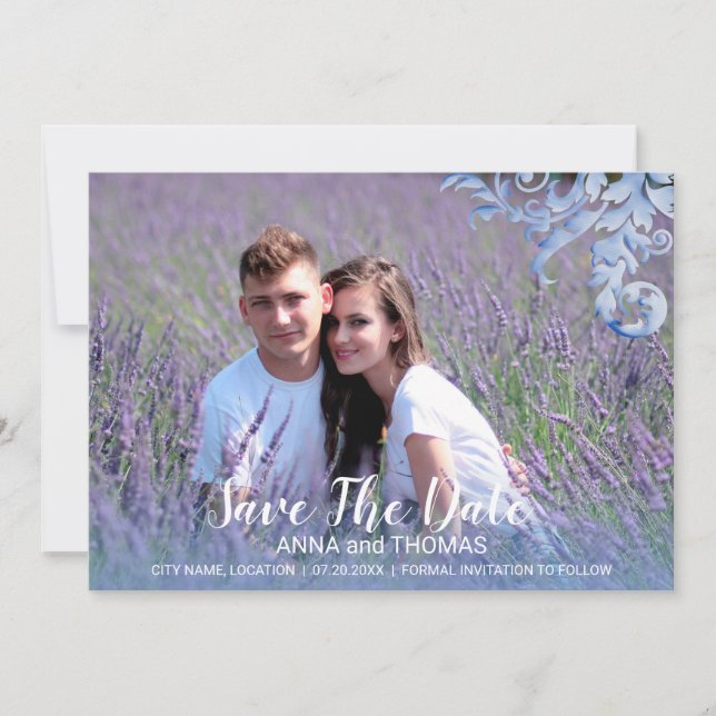 Soft Royal Blue Watercolor Flourish Save The Date (Front)