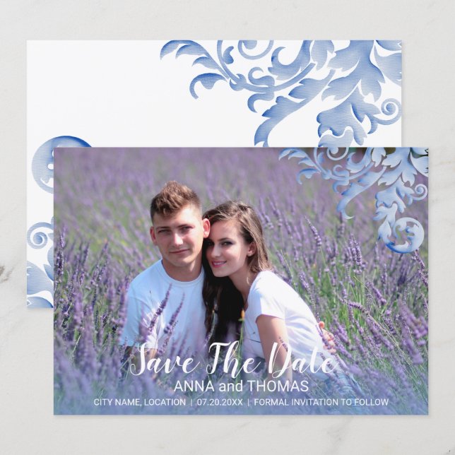 Soft Royal Blue Watercolor Flourish Save The Date (Front/Back)