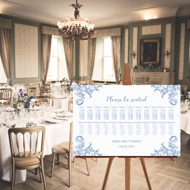Soft Royal Blue Watercolour Flourish Seating Chart (Soft royal blue flourish seating chart.)