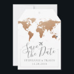 Soft Rust World Map Luggage Tag Save the Date<br><div class="desc">A luggage tag shaped destination wedding save the date with a faux soft copper or bronze foil world map with an editable heart location marker and romantic aeroplane icon on blush pink. Select your own background colour on the back side of the tag card to coordinate with your travel theme...</div>