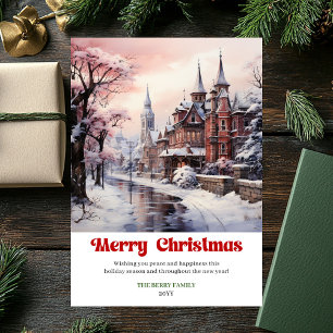 Soft rustic Christmas scene cozy playful lettering Holiday Card
